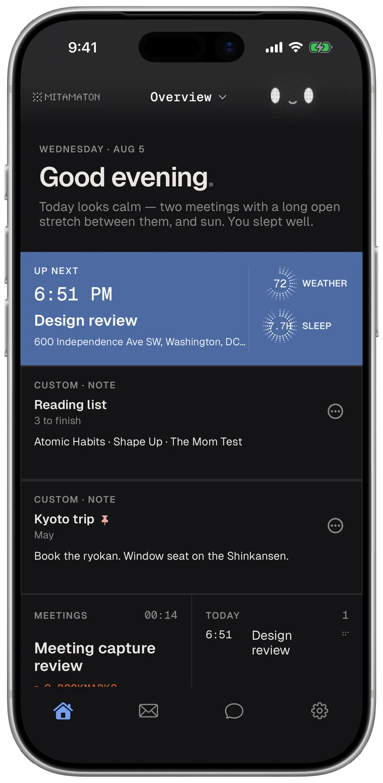 The Mitamaton dashboard: a dark board of cards showing the day's brief, calendar, inbox, and a checklist