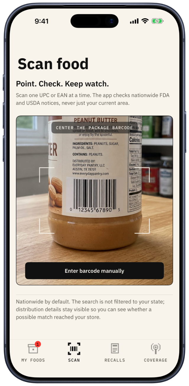 The Scan screen: a jar of peanut butter in the viewfinder with its barcode centered, and an Enter barcode manually button.
