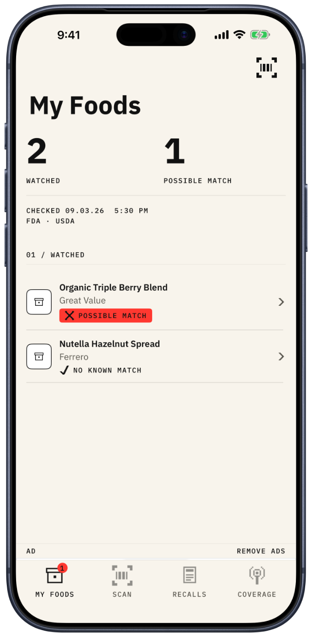 The My Foods screen: two watched items, one marked Possible match and one marked No known match.