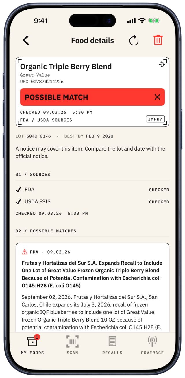 The Food details screen: a label reading Possible match above the matching FDA notice.