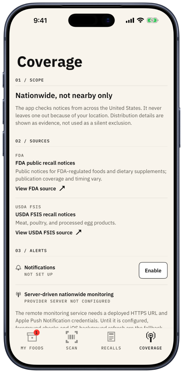 The Coverage screen: scope, sources, and alert settings.